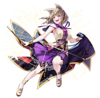 1girl blonde_hair blue_cape blush bracelet breasts cape earmuffs full_body game_cg hakurei_frontier_spell_strive highres holding holding_unworn_cape holding_unworn_clothes jewelry long_hair looking_at_viewer official_art open_mouth pointy_ears pointy_hair purple_skirt ritual_baton sheath sheathed shirt sideboob skirt sleeveless sleeveless_shirt smile solo sword syuri22 third-party_source touhou toyosatomimi_no_miko transparent_background unworn_cape weapon white_shirt yellow_eyes