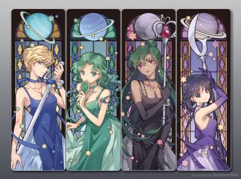4girls aqua_eyes aqua_hair bishoujo_senshi_sailor_moon black_choker black_dress black_gloves black_hair blonde_hair blue_choker blue_dress blue_eyes blunt_bangs bob_cut breasts choker commentary dark-skinned_female dark_skin deep_aqua_mirror dress earrings elbow_gloves english_commentary garnet_rod gloves green_choker green_dress green_hair hand_mirror hexagram holding holding_mirror holding_staff holding_sword holding_weapon jewelry kaiou_michiru long_dress long_hair looking_at_viewer medium_breasts meiou_setsuna mirror multiple_girls necklace nezumipl parted_bangs planet princess_neptune princess_pluto princess_saturn princess_uranus purple_choker purple_eyes purple_gloves purple_hair red_eyes saturn_(planet) short_hair silence_glaive sleeveless sleeveless_dress small_breasts space_sword staff star_of_david swept_bangs sword ten&#039;ou_haruka tomoe_hotaru very_long_hair very_short_hair wavy_hair weapon