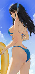 Rule 34 | 1girl, absurdres, back, bare arms, bikini, black hair, blue bikini, blue bow, blue sky, bow, breasts, butt crack, clisapex, cloud, commentary request, day, headphones, highres, holding, holding swim ring, innertube, long hair, looking at viewer, looking to the side, medium breasts, outdoors, purple eyes, sideboob, sidelocks, sky, snowbreak: containment zone, solo, standing, swim ring, swimsuit, yao (snowbreak)
