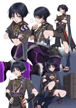 ... 2boys armor black_bodysuit black_hair black_kimono black_sandals black_shorts black_sleeves blue_shorts blunt_ends blush bodysuit boots bridal_legwear bright_pupils clenched_hand clenched_teeth covered_collarbone crate crossed_arms electrohammer_vanguard_(genshin_impact) eyeliner eyeshadow fingernails flying_sweatdrops frilled_sleeves frills fur-trimmed_boots fur_trim furisode genshin_impact gold gold_trim grey_eyes hand_on_own_arm hand_up hands_on_own_hips highres japanese_armor japanese_clothes jewelry juban kimono knee_up kote kousuke_(ko_suke) kurokote layered_shorts layered_sleeves looking_at_another looking_at_viewer looking_to_the_side lower_teeth_only makeup mitsudomoe_(shape) multiple_boys multiple_expressions multiple_views neck_ring o-ring off_shoulder open_mouth pauldrons prostration puff_of_air purple_bodysuit purple_rope purple_sash purple_sleeves red_eyeliner red_eyeshadow red_kimono red_sash rope sandals sash scaramouche_(genshin_impact) shimenawa short_sleeves shorts shoulder_armor single_pauldron spoken_ellipsis stepped_on stirrup_legwear sweatdrop tassel teeth toeless_legwear toenails toes tomoe_(symbol) tsurime twitter_username white_background white_kimono white_pupils white_rope wispy_bangs zouri