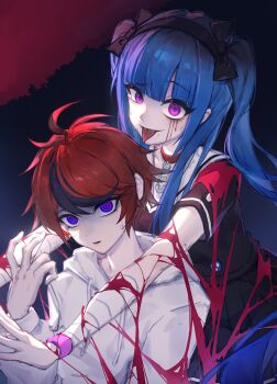 Rule 34 | 1boy, 1girl, absurdres, ahoge, amemiya darumi, bandaged arm, bandages, black bow, black hair, black hairband, black shirt, black skirt, blue eyes, blue hair, bow, chin piercing, chinese commentary, choker, commentary request, crying, crying with eyes open, drawstring, face piercing, facepaint, hair between eyes, hair bow, hairband, highres, hood, hood down, hoodie, long hair, multicolored hair, open mouth, painttool sai (medium), piercing, pink eyes, red choker, red hair, ringo (linyu1006), safety pin, sailor collar, sailor shirt, school uniform, serafuku, shaded face, shirt, short hair, short sleeves, skirt, smile, streaked hair, sumino takumi, sweat, tears, the hundred line -last defense academy-, tongue, tongue out, twintails, two-tone hair, variant set, white hoodie, white sailor collar, wristband