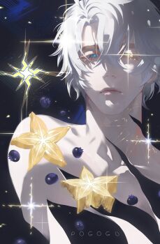 Rule 34 | 1boy, absurdres, blue eyes, blueberry, closed mouth, food, fruit, heterochromia, highres, honkai: star rail, honkai (series), looking at viewer, male focus, phainon (honkai: star rail), pogogu, short hair, solo, starfruit, upper body, white hair, yellow eyes