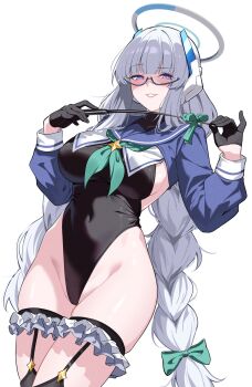 1girl aqua_neckerchief black_gloves black_leotard blue_archive blue_sailor_collar blue_shrug braid breasts cosplay gloves half_gloves halo hands_up headgear highleg highleg_leotard highres holding holding_riding_crop large_breasts leotard long_hair long_sleeves looking_at_viewer low_twin_braids mechanical_halo neckerchief noa_(blue_archive) purple_eyes reia_76 riding_crop sailor_collar shimiko_(blue_archive) shimiko_(blue_archive)_(cosplay) shimiko_(magical)_(blue_archive) shrug_(clothing) simple_background smile solo super_highleg thick_thighs thighs twin_braids very_long_hair white_background white_hair white_halo