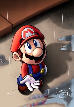 Rule 34 | 1boy, artist name, blue eyes, blue overalls, brown footwear, brown hair, facial hair, gloves, hat, highres, long sleeves, maribou (supermaribou), mario, mario (series), mustache, nintendo, open mouth, overalls, puddle, rain, raised eyebrows, red hat, red shirt, reflection, shadow, shirt, shoes, teeth, tongue, upper teeth only, water drop, white gloves