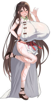 1girl ? absurdres alternate_breast_size_(larger) bare_shoulders belt blush body_markings breasts brown_eyes brown_hair cleavage closed_mouth commentary curvy dress eyelashes facial_mark fate/grand_order fate_(series) forehead forehead_mark gigantic_breasts highres himiko_(fate) himiko_(first_ascension)_(fate) jewelry long_eyelashes long_hair looking_at_viewer low_twintails magatama magatama_necklace necklace nipple_slip nipples puffy_nipples see-through_clothes shokobr short_dress side_slit sideboob simple_background solo speech_bubble spoken_question_mark thick_thighs thighs topknot twintails white_background white_dress