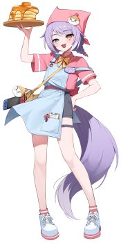1girl absurdres apron arm_up bandana blue_apron blue_eyes blush bow bowtie braid braided_twintails brown_eyes butter chain character_charm charm_(object) collared_shirt commentary contrapposto fang food fox_girl fox_tail full_body grey_shorts hair_bobbles hair_ornament hand_on_own_hip handheld_game_console heart heart_sticker heterochromia highres holding holding_tray inari_(tenko_shibuki) looking_at_viewer medium_hair name_tag open_mouth orange_bow orange_bowtie pancake pancake_stack pigeon-toed pink_bandana pink_shirt purple_hair purple_tail shirt shoes short_shorts short_sleeves shorts simple_background smile sneakers solo standing stellive sticker sticker_on_face strap_slip syrup tail tenko_shibuki thigh_strap tray virtual_youtuber white_background white_shoes wing_collar yireh