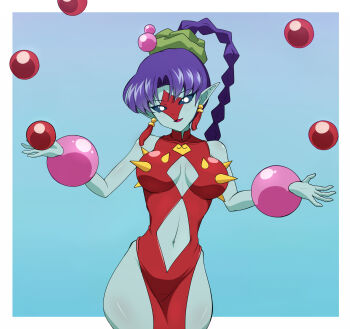 1girl asaricurry bare_legs bare_shoulders bishoujo_senshi_sailor_moon bishoujo_senshi_sailor_moon_supers braid china_dress chinese_clothes cleavage_cutout clothing_cutout colored_skin dress earrings high_ponytail highres jewelry juggling jumping lemures_(sailor_moon) navel navel_cutout open_mouth otedamako pointy_ears ponytail purple_hair red_dress red_ribbon revealing_clothes ribbon shiny_skin short_dress signature simple_background single_braid smile solo wide_hips