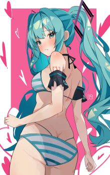 1girl 39 absurdres aqua_eyes aqua_hair arm_tattoo ass back bikini black_sleeves blush closed_mouth coco_irasuto commentary_request cowboy_shot detached_sleeves frilled_sleeves frills from_behind halterneck hatsune_miku heart highres long_hair looking_at_viewer looking_back number_tattoo partial_commentary pink_background sidelocks solo standing striped_bikini striped_clothes swimsuit tattoo twintails very_long_hair vocaloid wavy_hair wavy_mouth