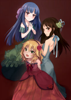 Rule 34 | 10s, 3girls, blonde hair, blue hair, blush, bow, brown eyes, brown hair, green eyes, hair bow, hairband, idolmaster, idolmaster cinderella girls, long hair, looking at viewer, multiple girls, nemeko, open mouth, red eyes, sajo yukimi, sakurai momoka, short hair, smile, tachibana arisu