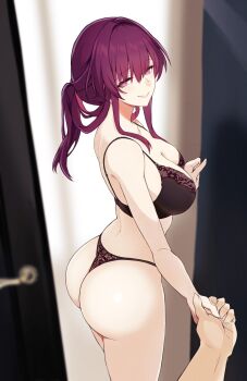1girl 1other ass black_bra black_panties blurry blurry_foreground bra breasts cleavage collarbone commentary doorway hand_grab highres honkai:_star_rail honkai_(series) kafka_(honkai:_star_rail) large_breasts lingerie long_hair looking_at_viewer panties pink_eyes purple_hair revision saint_laurent_paris smile solo_focus thighs thong underwear underwear_only