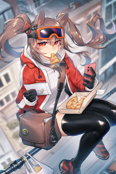 1girl absurdres alternate_costume angelina_(arknights) animal_ear_fluff animal_ears arknights artist_name badge bag black_shoes black_shorts black_thighhighs blurry blurry_background breasts brown_bag brown_hair button_badge city commentary day drawstring earpiece eyewear_on_head food food_in_mouth foot_out_of_frame fox_ears fox_girl goggles goggles_on_head high_up highres holding holding_letter hood hood_down hoodie letter long_hair long_sidelocks looking_at_viewer lunn medium_breasts mouth_hold multicolored_shoes open_clothes outdoors pizza pizza_box plastic_bag red_hoodie red_shoes shoes short_shorts shorts sidelocks skindentation sneakers solo staff staff_riding sticky_note sweater thighhighs twintails white_sweater