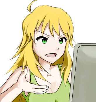 Rule 34 | 1girl, blonde hair, computer, female focus, green eyes, hoshii miki, idolmaster, idolmaster (classic), long hair, solo