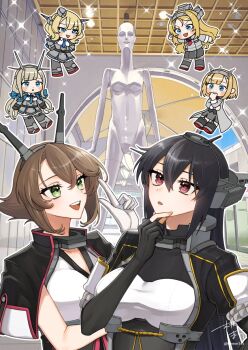 Rule 34 | 6+girls, black coat, black gloves, black hair, chibi, chibi inset, coat, colorado (kancolle), gloves, green eyes, headgear, highres, jacket, jacket on shoulders, kantai collection, long hair, machi (ritovoyage), maryland (kancolle), military uniform, multiple girls, mutsu (kancolle), mutsu kai ni (kancolle), nagato (kancolle), nagato kai ni (kancolle), nelson (kancolle), rodney (kancolle), short hair, statue, upper body, white gloves