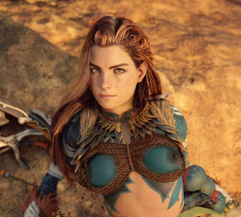 1girl 3d aloy_(horizon) bodypaint braid breasts female_focus freckles game_console horizon_(video_game) horizon_forbidden_west horizon_zero_dawn long_hair looking_at_viewer medium_breasts messy_hair navel nipples non-web_source outdoors red_hair solo upper_body