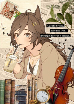 ahoge animal_ears black_shirt blue_eyes blush book breasts brown_hair brown_jacket cleavage clock closed_mouth collarbone commentary_request cup disposable_cup drinking drinking_straw english_text hair_between_eyes hair_ornament hairclip highres horse_ears horse_girl instrument jacket jewelry lemonade long_hair long_sleeves looking_at_viewer mouth_hold mr._c.b._(casual)_(umamusume) mr._c.b._(umamusume) necklace shikahisa_totani shirt stalk_in_mouth umamusume violin white_shirt