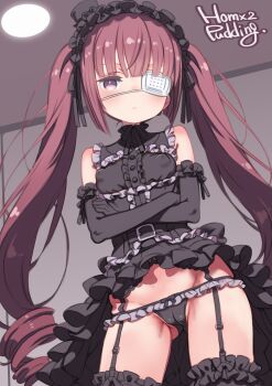 1girl black_gloves black_panties black_thighhighs blush breasts cameltoe crossed_arms dress elbow_gloves eyepatch frills gloves gothic_lolita hanazono_yurine hat highres jashin-chan_dropkick loli lolita_fashion long_hair looking_at_viewer medical_eyepatch panties puddinghomhom small_breasts solo thighhighs twintails underwear very_long_hair