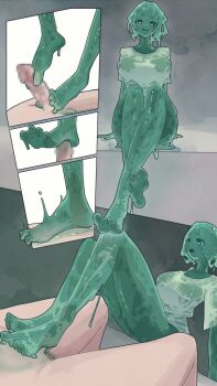 1girl bottomless breasts colored_skin cum feet footjob green_hair green_skin large_breasts monster_girl penis shirt slime_girl stepping_on_penis wet wet_clothes wet_shirt