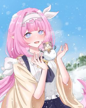 1girl absurdres bingliovo blue_eyes blue_sky breasts can_(honkai_impact) elf elysia_(honkai_impact) elysia_(miss_pink_elf)_(honkai_impact) hairband hand_up haori highres honkai_(series) honkai_impact_3rd japanese_clothes long_hair looking_at_viewer pink_hair pink_pupils pointy_ears shirt sky small_breasts smile snow_on_head snow_on_tree snowing snowman solo white_hairband white_shirt