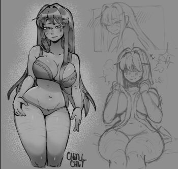 1girl black_bra black_panties blush bra chinchu doki_doki_literature_club long_hair looking_at_viewer monochrome navel panties scar scar_on_leg self-harm_scar underwear underwear_only yuri_(doki_doki_literature_club)