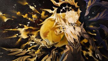 2boys absurdres alternate_form asymmetrical_wings black_gloves black_wings blonde_hair chinese_commentary clawed_gauntlets commentary_request cracked_skin fingerless_gloves gloves halo halo_behind_head highres holding_hands honkai:_star_rail honkai_(series) looking_to_the_side male_focus material_growth missing_limb multiple_boys mydei_(honkai:_star_rail) phainon_(honkai:_star_rail) phainon_(khaslana)_(honkai:_star_rail) short_hair solo_focus spiked_hair stucdg wings yellow_blood yellow_eyes yellow_wings