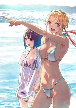 2girls beach bikini black_bikini blonde_hair bob_cut breasts hashtag-only_commentary highres kusunoki_aroma low_twintails multiple_girls navel open_mouth pink_eyes sawaranaide_kotesashi-kun shinjou_takuya shirt short_hair smile sumiyoshi_izumi swimsuit twintails waves wet wet_clothes wet_shirt white_bikini white_shirt