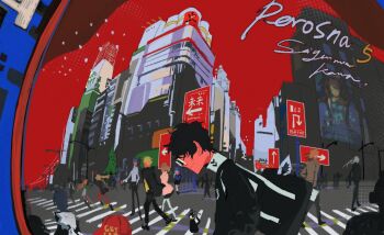 Rule 34 | akechi gorou, amamiya ren, bag, baicumikuo, black-framed eyewear, building, cityscape, crosswalk, fisheye, flat color, glasses, hat, highres, kitagawa yuusuke, kujikawa rise, lavenza (persona 5), mask, morgana (persona 5), multiple boys, multiple girls, niijima makoto, niijima sae, no lineart, oda shinya, pants, persona, persona 5, plaid clothes, plaid pants, red hat, road sign, sakura futaba, school bag, school uniform, shuujin academy school uniform, sign, takamaki anne, tuxedo cat