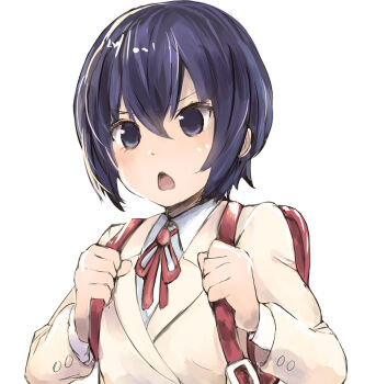 Rule 34 | 1girl, backpack, bag, blazer, blue eyes, blue hair, chestnut mouth, dress shirt, female focus, hair between eyes, jacket, looking at viewer, minami-ke, minami touma, open mouth, randoseru, red neckwear, red ribbon, ribbon, shimada sarasara, shirt, short hair, simple background, sketch, solo, triangle mouth, upper body, v-shaped eyebrows, white background, white shirt