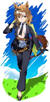 1girl absurdres ahoge animal_ears belt black_gloves black_jacket black_necktie black_pants blue_sky braid breasts brown_belt brown_hair center_frills center_opening closed_mouth cloud collared_shirt commentary commission cosplay english_commentary frilled_shirt frills fuji_kiseki_(shooting_star_revue)_(umamusume) fuji_kiseki_(umamusume) fuji_kiseki_(umamusume)_(cosplay) gloves grass hair_between_eyes hair_ornament hairclip half_up_braid highres horse_ears horse_girl horse_tail jacket jewelry jungle_pocket_(umamusume) long_sleeves looking_at_viewer medium_hair necktie no_bra notched_ear pants shirt shoes sky small_breasts smile solo tail umamusume vanna white_shirt yellow_eyes