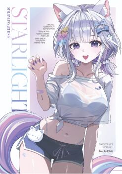 Rule 34 | 1girl, :d, absurdres, animal ears, arnyang (ayatsuno yuni), ayatsuno yuni, black shorts, bow, bra, breasts, cat ears, character charm, character name, charm (object), claw pose, commentary, copyright name, cover, cover page, cowboy shot, dolphin shorts, english commentary, flower, grey bow, grey hair, hair bobbles, hair bow, hair ornament, hand up, heart, heart hair ornament, highleg, highleg panties, highres, kkato, large breasts, low twintails, medium hair, midriff, navel, off-shoulder shirt, off shoulder, open mouth, panties, panty straps, purple eyes, see-through cleavage, see-through clothes, see-through shirt, shirt, short shorts, short sleeves, shorts, single off shoulder, smile, solo, standing, star-shaped pupils, star (symbol), stellive, symbol-shaped pupils, tail, tied shirt, twintails, underwear, virtual youtuber, white panties, white shirt