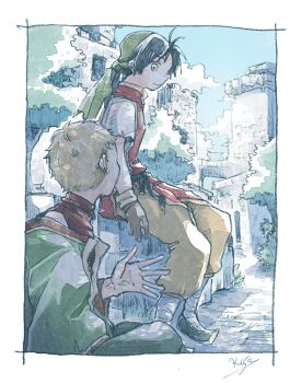 2boys antenna_hair artist_name bandaged_leg bandages bandana belt black_belt black_hair black_shoes blonde_hair border brown_eyes brown_gloves brown_pants castle closed_mouth full_body gensou_suikoden gensou_suikoden_i gloves green_bandana green_jacket jacket looking_at_another male_focus michibata_65 multiple_boys off-shoulder_jacket off_shoulder pants red_tunic sheena_(suikoden) shirt shoes short_hair sitting smile tir_mcdohl torn_clothes torn_sleeves tree tunic upper_body white_border white_shirt