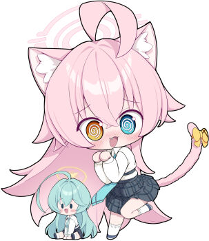 2girls @_@ ahoge animal_ear_fluff animal_ears aqua_necktie black_skirt blue_archive blue_eyes blue_necktie blush bow cat_ears cat_girl cat_tail chibi collared_shirt fang full_body hair_between_eyes halo heterochromia highres hoshino_(blue_archive) huge_ahoge kemonomimi_mode long_hair long_sleeves metaljelly multiple_girls necktie open_mouth paw_pose pink_hair pink_halo plaid_clothes plaid_skirt pleated_skirt shirt simple_background sitting skirt smile socks standing standing_on_one_leg tail tail_bow tail_ornament very_long_hair white_background white_shirt white_socks yellow_eyes yume_(blue_archive)