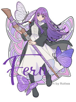 1girl artist_name black_boots black_robe blunt_bangs boots breasts bug butterfly buttons character_name closed_mouth dress fern_(sousou_no_frieren) full_body highres hime_cut holding holding_staff insect light_smile long_dress long_hair medium_breasts purple_butterfly purple_eyes purple_hair robe rutiwa solo sousou_no_frieren staff white_background white_dress