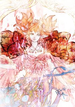 1other blue_eyes butterfly_wings commentary_request copyright_name dress feo_ul final_fantasy final_fantasy_xiv insect_wings orange_hair orange_wings other_focus pink_dress pointy_ears ruka_(blueplus84) short_hair solo tiara twintails wings