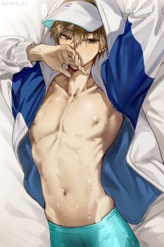 1boy absurdres bed_sheet blush brown_eyes brown_hair covering_face embarrassed fate/extra fate_(series) green_shorts highres hood hoodie kirin_e2 kishinami_hakuno_(male) long_sleeves lying male_focus navel nipples on_back on_bed open_clothes open_hoodie ribs shorts solo sweat visor_cap