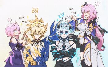 black_boots black_gloves black_shorts blonde_hair blue_eyes blue_hands boots breasts brochette cape cleavage coat cold color_connection commentary company_connection corset crossed_arms cup cyrene_(philia093)_(honkai:_star_rail) cyrene_(honkai:_star_rail) elf elysia_(honkai_impact) elysia_(miss_pink_elf)_(honkai_impact) english_commentary food gloves hair_color_connection hair_ornament halo highres hino_satoshi holding holding_cup holding_food holding_teapot honkai:_star_rail honkai_(series) honkai_impact_3rd hot ice ice_cube inoue_marina kevin_kaslana kevin_kaslana_(diabolic) large_breasts long_hair musical_note phainon_(honkai:_star_rail) phainon_(khaslana)_(honkai:_star_rail) pointy_ears pouring_onto_another purple_coat short_hair shorts shrug_(clothing) simple_background sitting smile spikes spoken_musical_note standing teapot thighhighs topless_male voice_actor_connection water white_background white_corset white_hair yammyyml yanning yellow_eyes yellow_hands