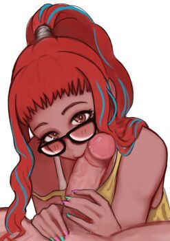 1boy 1girl bare_shoulders blue_hair blunt_bangs brown_eyes fatal_fury fatal_fury:_city_of_the_wolves fellatio glasses green_nails hetero licking licking_penis multicolored_hair multicolored_nails oral penis pink_hair pink_nails pov preecha_(fatal_fury) reavernk snk solo_focus tank_top two-tone_hair uncensored white_background yellow_tank_top