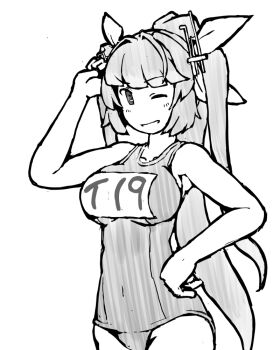 1girl blunt_bangs breasts commentary_request covered_navel greyscale hand_on_own_hip i-19_(kancolle) kantai_collection large_breasts monochrome name_tag old_school_swimsuit one_eye_closed school_swimsuit smile solo swimsuit task_(s_task80) twintails
