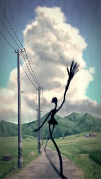 1other absurdres arm_up black_skin blue_sky cloud colored_skin commentary_request facing_viewer fake_photograph grass highres horror_(theme) house long_arms long_fingers long_legs long_neck monster monster_focus mountain no_humans original path road rural sky solo standing tree xlazyx