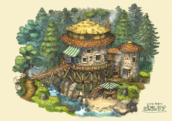 absurdres architecture beach_umbrella bridge cliff commentary_request forest grass green_umbrella highres nature no_humans original path poppo_sutchy river road rock steam striped_umbrella table translation_request umbrella