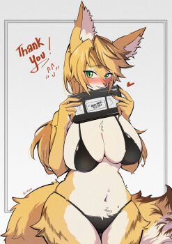 1girl animal_ear_fluff animal_ears bikini black_bikini blonde_hair blush body_fur breasts cat_ears cat_girl cat_tail cleavage coldsyrup commentary_request furry furry_female heart highres holding_cassette_tape large_breasts looking_at_viewer open_mouth parted_bangs ponytail pulchra_fellini solo swimsuit tail yellow_fur zenless_zone_zero