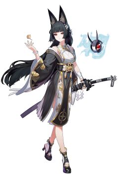 1girl absurdres animal_ear_fluff animal_ears bare_shoulders black_dress black_gloves black_hair blunt_bangs dress fingerless_gloves flower fox_ears fox_girl full_body ginkgo_leaf gloves hair_flower hair_ornament high_heels highres hime_cut hoshimi_miyabi hoshimi_miyabi_(dignified_blossom) japanese_clothes katana leaf long_hair official_alternate_costume official_art red_eyes single_glove solo sword tailless_(zenless_zone_zero) transparent_background two-tone_dress weapon white_dress wide_sleeves zenless_zone_zero