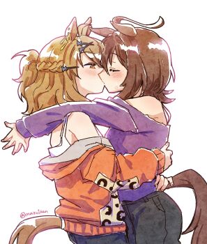 2girls agnes_tachyon_(casual)_(umamusume) agnes_tachyon_(umamusume) ahoge animal_ears arms_around_neck black_pants brown_eyes brown_hair closed_eyes commentary_request cowboy_shot ear_ornament from_side hair_ornament hairclip highres hood hooded_jacket horse_ears horse_girl horse_tail hug huge_ahoge jacket jungle_pocket_(casual)_(umamusume) jungle_pocket_(umamusume) kiss korean_commentary long_sleeves mazu1kan medium_hair multiple_girls orange_jacket pants purple_shirt shirt simple_background single_bare_shoulder tail tank_top twitter_username umamusume white_background white_tank_top x_hair_ornament yuri