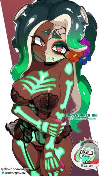 1girl arm_across_waist babydoll black_babydoll black_choker black_garter_straps black_hair black_panties blush bodypaint breasts cameltoe cephalopod_eyes choker closed_mouth colored_fingertips colored_inner_hair colored_skin commentary cowboy_shot crown dark-skinned_female dark_skin english_commentary english_text facepaint flower garter_straps glow-in-the-dark_bodypaint gradient_hair green_eyes green_hair hair_flower hair_ornament halloween halloween_costume hand_on_own_arm highres inkling ko-fi_logo ko-fi_username large_breasts laz_gm long_hair looking_at_viewer marina_(splatoon) mole mole_under_mouth multicolored_eyes multicolored_hair navel_piercing nintendo nipples octoling open_mouth orange_eyes paid_reward_available panties patreon_username pearl_(splatoon) piercing pink_skin purple_background raised_inner_eyebrows reaction_inset see-through_clothes see-through_panties short_hair skindentation smile solo splatoon_(series) splatoon_2 spoken_character suction_cups sweat tentacle_hair thick_eyebrows thigh_strap tongue tongue_out twitter_logo twitter_username two-tone_eyes underwear white_background white_hair