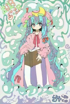 Rule 34 | 1girl, abstract, abstract background, blue bow, book, bow, closed mouth, colorful, crescent, crescent hair ornament, crescent hat ornament, dress, embodiment of scarlet devil, expressionless, full body, hair bow, hair ornament, hair ribbon, hat, hat ornament, highres, holding, holding book, long hair, looking at viewer, mob cap, mochi ami, multicolored eyes, multicolored hair, patchouli knowledge, purple hair, red bow, ribbon, solo, striped clothes, striped dress, touhou, vertical-striped clothes, vertical-striped dress