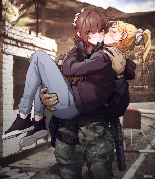 2girls absurdres artist_name assault_rifle black_hoodie black_shoes blue_eyes blue_pants blush brown_gloves brown_hair camouflage carrying closed_eyes commentary commission earrings epakim gloves green_pants gun hair_ornament hair_scrunchie hand_on_another&#039;s_head handgun highres holster holstered hood hoodie hoop_earrings jewelry kiss kissing_cheek long_hair multiple_girls original pants photo_background ponytail princess_carry rifle scrunchie shoes short_ponytail sneakers twitter_username weapon weapon_request white_scrunchie yuri