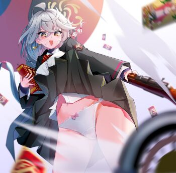 1girl absurdres black_coat black_skirt blue_archive bow bow_panties breasts card clothes_lift coat commentary earrings electric_fan eri_(blue_archive) gun halo highres holding holding_weapon jewelry large_breasts long_hair multicolored_eyes open_mouth panties rifle shiroyu shirt skirt skirt_lift solo thighs two-tone_eyes underwear very_long_hair weapon white_hair white_panties white_shirt wind wind_lift yellow_halo