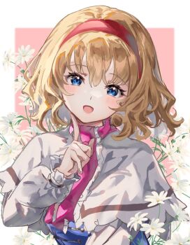 Rule 34 | 1girl, alice margatroid, blonde hair, blue dress, blue eyes, blush, capelet, commentary request, dress, flower, flower request, hairband, highres, long sleeves, looking at viewer, medium hair, nanop38, open mouth, red hairband, smile, solo, touhou, white capelet, white flower