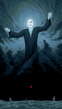 1boy 4others black_clouds black_robe colored_skin deltarune grey_skin heart highres hole_in_hand hollow_eyes hollow_mouth medium_hair multiple_others pixel_art robe scar_across_eyes sharfabean smile soul_(deltarune) sweater utdr_(toby_fox) vessel_(deltarune) w.d._gaster