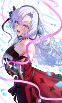 Rule 34 | absurdres, dress, drill hair, hairband, highres, hyakumantenbara salome, kisiti 07, long hair, nijisanji, off-shoulder dress, off shoulder, purple eyes, purple hair, purple hairband, purple ribbon, red dress, ribbon, star (symbol), star in eye, symbol in eye, virtual youtuber, white hair
