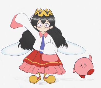 Rule 34 | 1girl, archived source, black hair, colored skin, crown, drawfag, fairy, fairy wings, glasses, grey background, highres, kirby, kirby (series), kirby 64, long hair, nintendo, pink skin, pink skirt, purple eyes, ripple star queen, shoes, simple background, skirt, sleeves past fingers, sleeves past wrists, smile, wings, yellow shoes